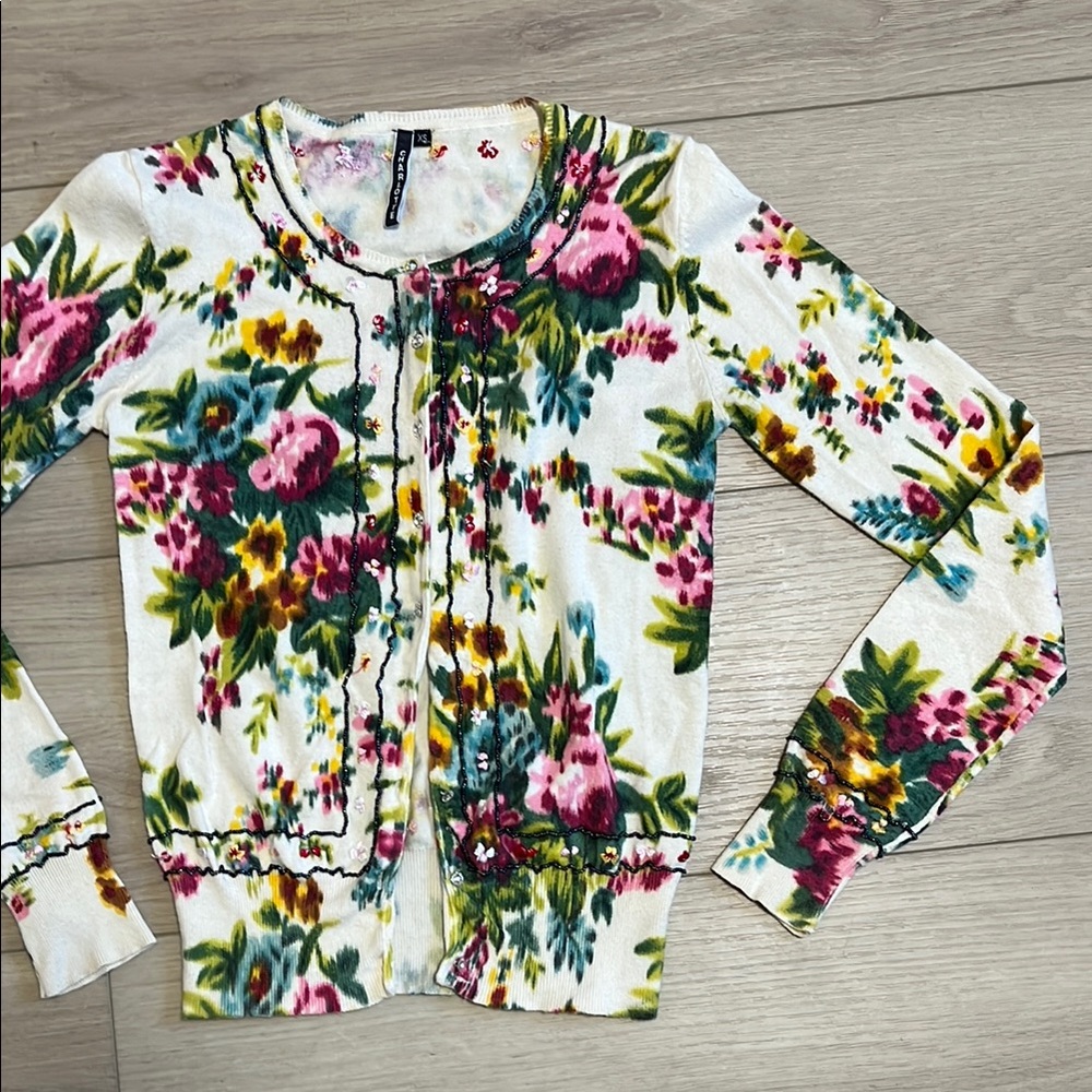 Charlotte Taranola Floral Embroidered Beaded Sweater Cardigan Button Down XS